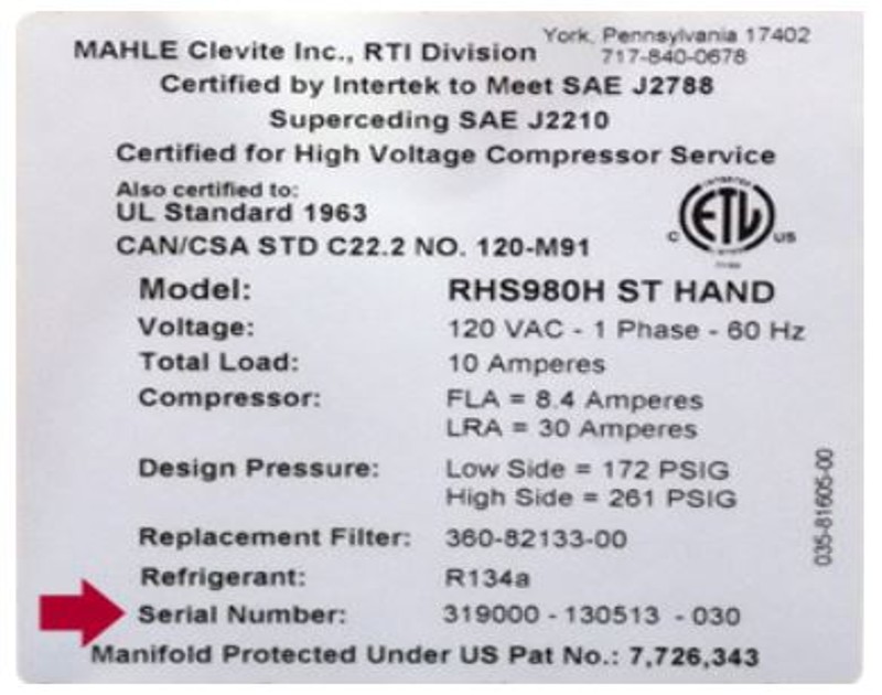 MAHLE product label which provides the unit serial number neccessary for software updates. 
