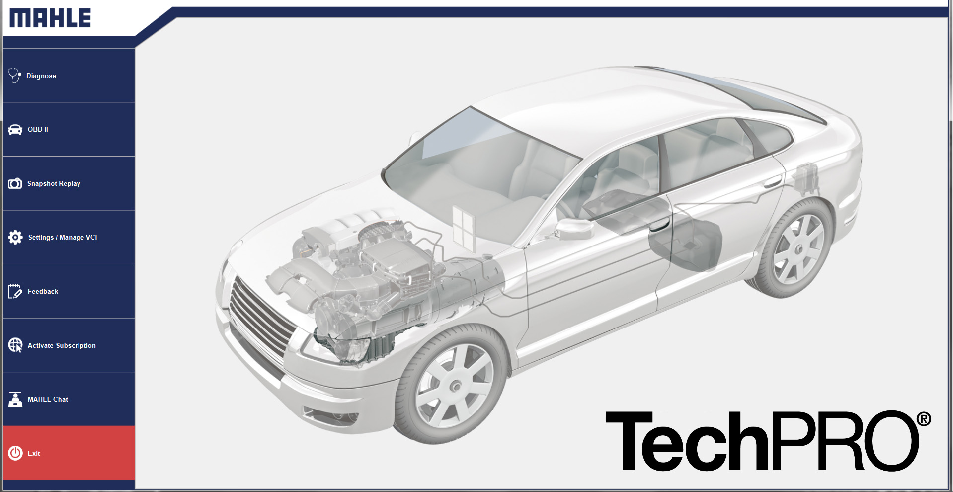 TechPRO diagnostic tool home page with navigation bar and image of interior of a sedan. 